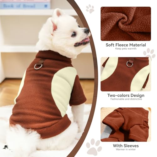 Image of Small Fleece Dog Sweater with Leash Ring Soft Warm Fall Winter Dog Clothes Cute Cat Apparel Puppy Sweaters Classic Pullover Doggy Sweatshirts Chihuahua Costumes Cat Outfits(Brown,XS)