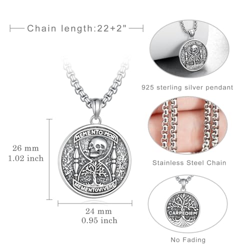 Memento Mori Necklace 925 Sterling Silver Tree of Life Memento Mori Necklace Skull Jewelry Gifts for Men4