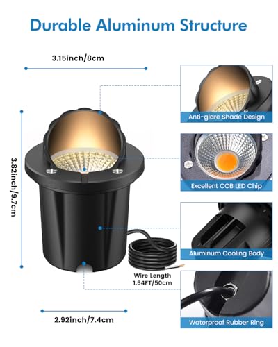 HIBOITEC Low Voltage Landscape Lights, 12W LED Outdoor In-Ground Lights 1200LM Waterproof IP67 Landscape Lighting, Anti-Glare Die-Cast Aluminum Garden Lights for Pathway Tree Yard, 12 Pack