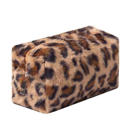 Checkered Makeup Bag Plush Cosmetic Bag Asthetic Plaid Handbags Cute Zipper Travel Toiletry Bag Soft Storage Pouch Pencil Case Bag for Women Girls (Leopard print-E)