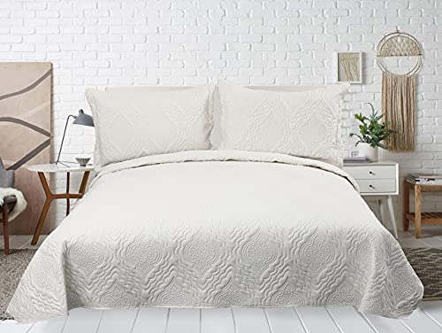 Marina Decoration Solid Embossed Pinsonic Coverlet Bedspread Ultra Soft 3 Piece Summer Quilt Set With 2 Quilted Shams, Cream Color King Size #TOP1
