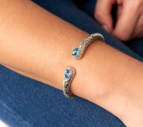 Image of DEVATA Sterling Silver 925 and 18K Gold with Blue Topaz Bali Filigree Cuff Bracelet DHK3595BT (Size M)