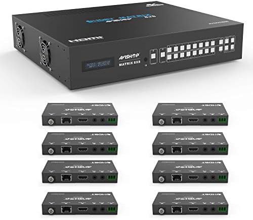 AVIshop 8x8 8x16 4KHDBaseT HDMI Matrix Switcher w/ 8 PoC HDBasT Receivers (CAT5e.6). HDCP2.2 HDTV Routing Selector SPDIF Audio Control 4 Savant Home Automation with Bi-Directional IR (Matrix+8RX)