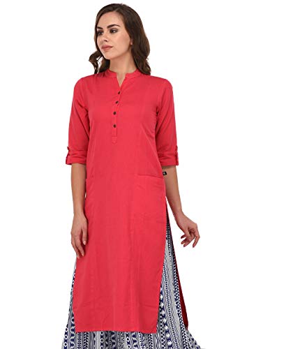 Image of Pistaa's Women's Cotton Relaxed Fit Straight Solid Kurta With Two Patch Pockets
