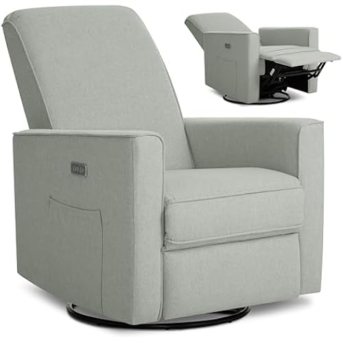 évolur Harlow Upholstered Power Glider Recliner with USB Charging – Rocking & 275° Swivel with Smooth Glide – Greenguard Gold & FSC Certified – Modern Nursery and Living Room Chair in Light Grey