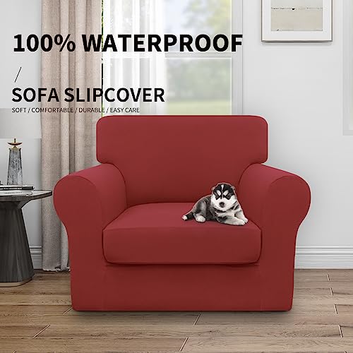 Image of Easy-Going Waterproof 2 Pieces Chair Cover Couch Covers for Sofa | Stretch Spandex Sofa Cover Protector Elastic Bottom for Cushion Couch Dog Pet Friendly Living Room Christmas Red