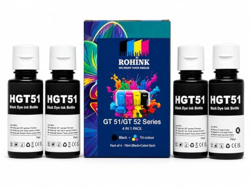 Image of ROHINK GT51 GT52 Ink Refill Dye Ink Compatible with HP Ink Tank 115, 310, 315, 319, 410, 415, 416, 419, 455, 500, 515, 530, 615, GT 5810, GT 5811, GT 5820 (70ml*4 Black)