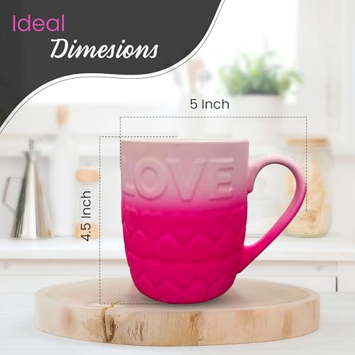 Soft Touch Love 18 Oz Ceramic Coffee Cup - Love Tea Cup with Hearts for Home, Office, or Valentine's Day (Pink)