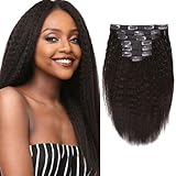 Loxxy Clip in Hair Extensions Real Human Hair Kinky Coarse Thick Straight Remi Hair Full Head Clip Ins For Afro Black Women Natural Black Color Double Weft 7 Pieces 120Gram 12Inch