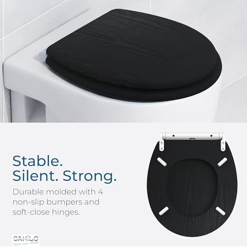Image of Sanilo Wooden Toilet Seat with Quick Release & Soft Close [ROUND] - Decorative & Slow Close Molded Wood Seat - With One Click for Easy Installation & Cleaning - With Adjustable Fit (Black Wood)