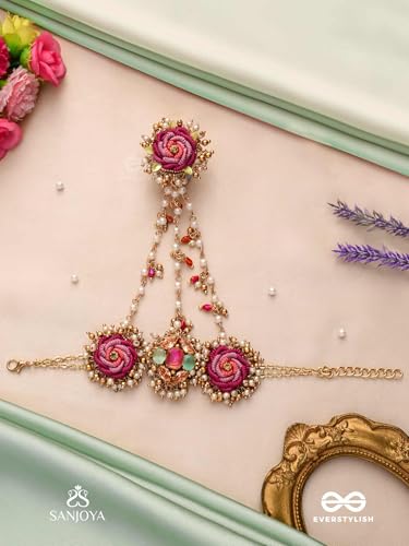 Image of SANJOYA BY EVERSTYLISH Gulratna Jewel Of Roses Handcrafted Rose Haathphool With Beaded Fringes, Pearls And Gem Details Lightweight Jewelry For Women | Party, Festive, Wedding & Gifting