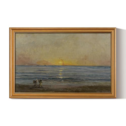 Image of HUARCEY Gold Framed Vintage Wall Art for Living Room, Landscape Painting Prints Shelf Decor for Kitchen, Aesthetic Bedroom Wall Art, Best Gifts for Friends or Family - Ocean Sunrise 24L x 16W