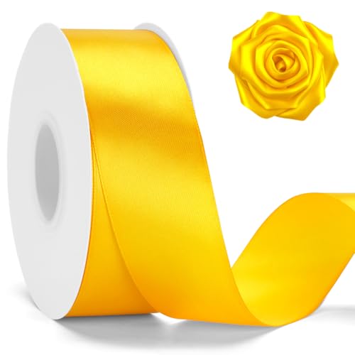 KINGLAKE Yellow Satin Ribbon 1-1/2 Inch x 2 Rolls Golden Yellow Maize Yellow Ribbon for Gift Wrapping 100 Yards Roses Making Sunflowers Bouquets Crafts Wreath Bows Wedding Baby Shower Birthday Decor