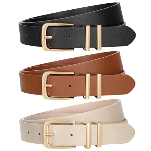 VONMELLI 3 Pack Womens Belts for Jeans Pants Fashion Gold Buckle Ladies Dress Belt Black+Brown+Beige M