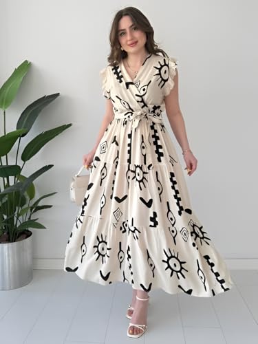 Image of KZULLY | Dress for Women | Feminine Cross Tie Long | Soft Frill Arm Detail Look | Stylish Allover Print Wear