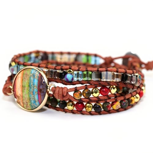Handmade Wrap Leather Beads Bracelets Natural Jasper Crystal Stone Variety Beads Strand Bracelet,Boho Bracelets for Women2