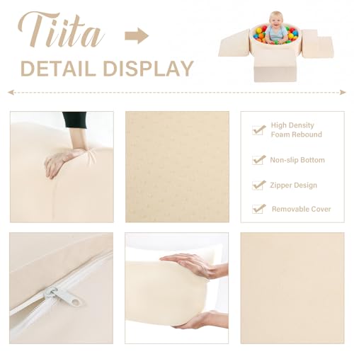 Image of Tiita Climbing Toys with Ball Pit for Toddlers, 4-Piece Kids Foam Climbing Blocks for Baby, Activity Soft Climb and Crawl Playset Indoor Playground, Beige (Balls not Included)