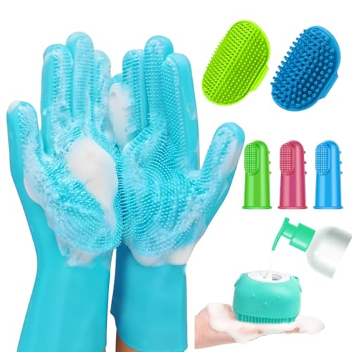 Dog Bathing Supplies – 8PCS Pet Shower & Grooming Kit for Dogs & Cats|Shampoo Dispenser with soft Silicone Bathing Gloves,Scrubber Brush & Finger Toothbrush|Dog Bath Brush for Short & Long Hair
