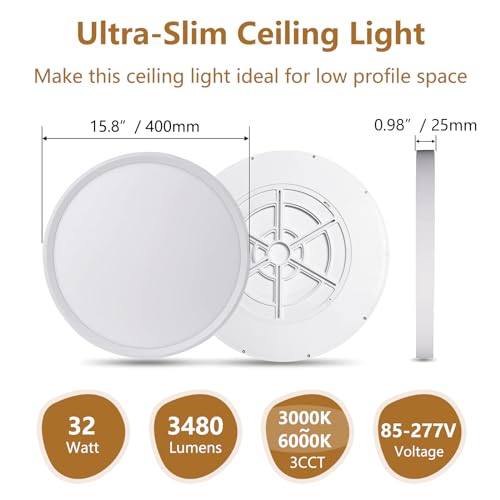 15.8 Inch LED Flush Mount Ceiling Light, 32W, 3480LM, 3000K/4000K/6000K CCT Selectable, Ultra-Slim LED Ceiling Light Fixtures, Low Profile Round Flat Panel Light for Bedroom,Kitchen,Hallway(White) by TLZ TLZ LIGHTING - Used condition - Image 5