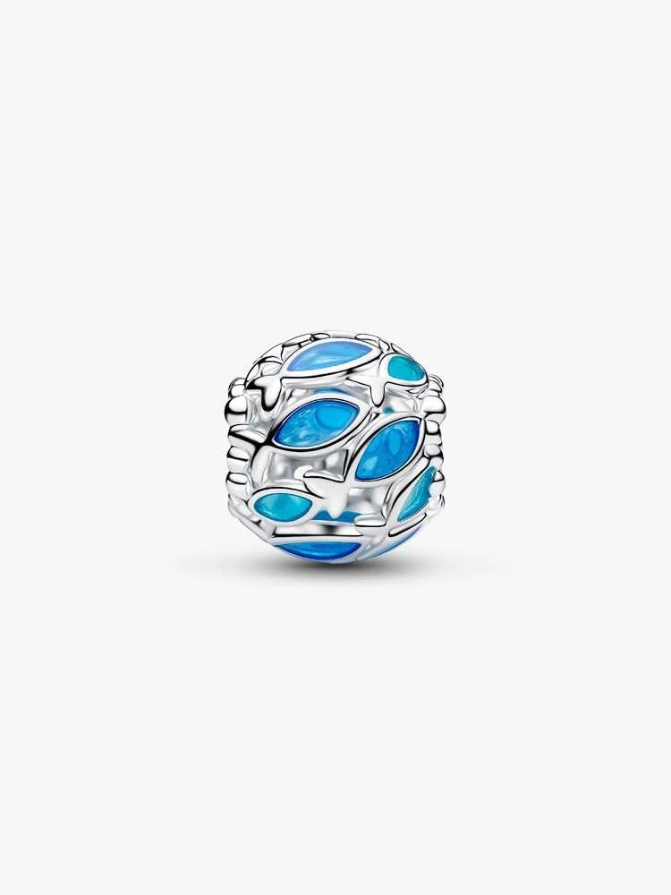 Openwork Fish Sterling Silver Charm z przezroczystą niebieską emalią