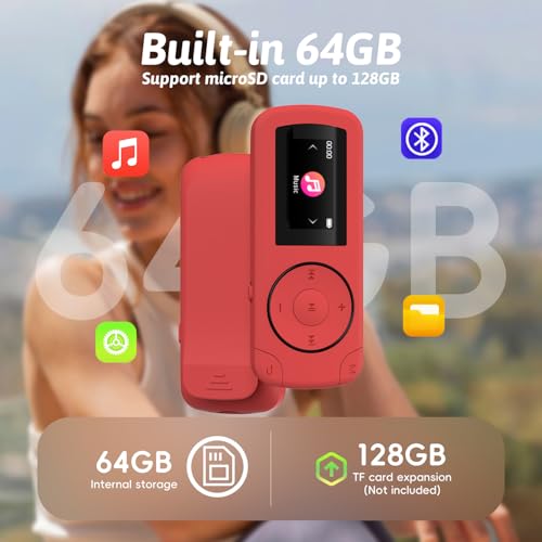 Image of 64GB Sport Clip on MP3 Player with Bluetooth- Superlight Mini MP3 Player with FM Radio,Recorder, MicroSD Support, Shuffle Playback for Running, Cycling, Hiking, Climbing and Yoga