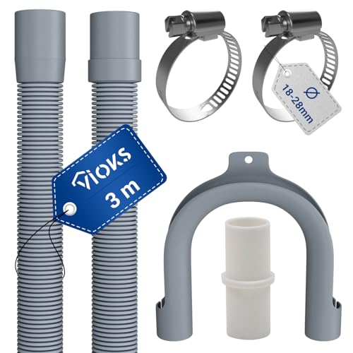 VIOKS Set Flexibler Abwasserschlauch Spülmaschine 3 Meter 19/22mmØ + 2x Klemmen Schlauchschellen Edelstahl 18-28mmØ + 1x Schlauch Verbindungsstück + 1x Haltebogen - Ablaufschlauch Waschmaschine Set