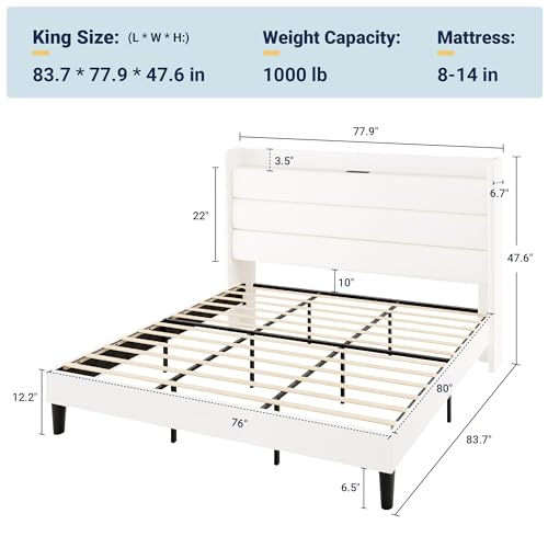 Image of Allewie King Size Upholstered Bed Frame with Charging Station, White