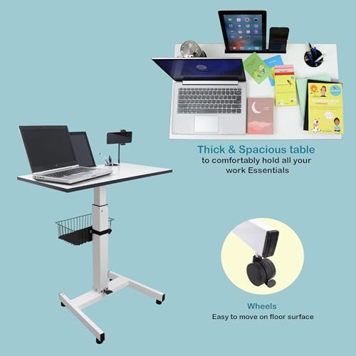 Image of Isomars Ergonomic Height Adjustable Laptop Table. Sit Stand Table with Lockable Wheels. Standing Desk for Home & Office with Adjustable Height