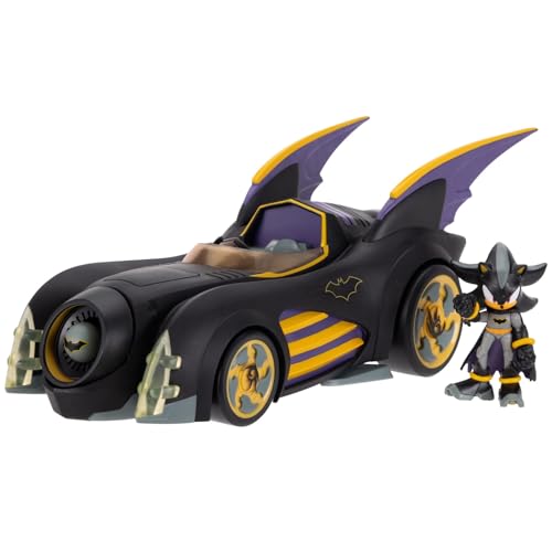 DC x Sonic – Shadow como Batman com batmóvel com funções de 6 cm, conjunto de figura de ação, licença oficial Jakks Pacific, veículo interativo com projétil lançável e turbina giratória