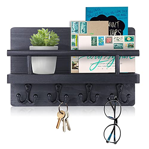 Key Mail Holder for Wall Decorative Hook ,Wall Mount Mail Organizer with 4 Hooks Floating Shelf Hanger for Entryway(Black)