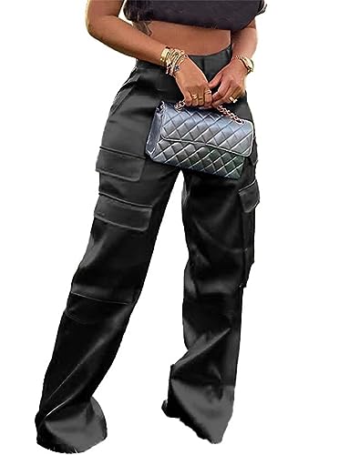 Lucuna Women's Satin Cargo Pants Y2K High Waisted Multi-Pocket Straight Leg Baggy Casual Trousers