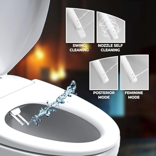 Image of GenieBidet Left Side Bidet Toilet Seat Elongated - Dual Nozzles with T adapter & Bottle - Adjustable Water Pressure & Slow Close Bidet Seat Elongated with No Wiring & Easy Installation