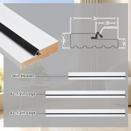 Cinnvoice Solid Pine Wood Exterior Door Jamb Frame Kit with Weather Strip Pre-Cut Primed Trim Molding Finger Jointed Door Casing Set, 1.25" x 4.5" x 82.5"