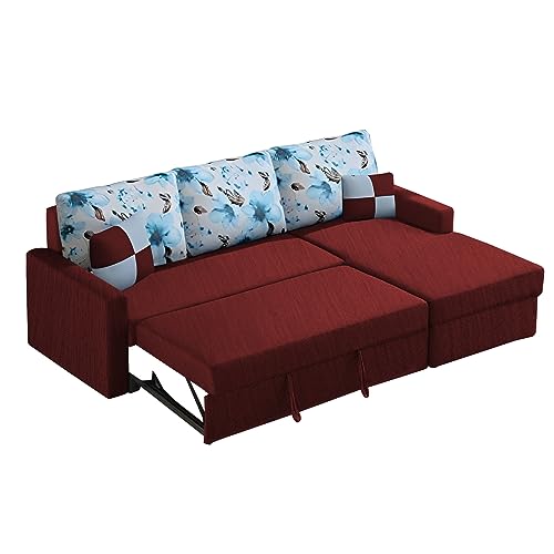 Image of Orland 4 Seater LHS L Shape Sofa Cum Bed for Living Room | Color - Maroon | Premium Fabric Sofa