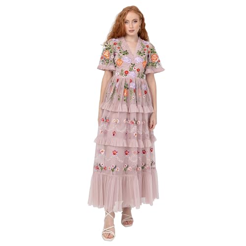 Maya Deluxe Women's Ladies Midi V-Neck Short Sleeve Floral Embroidered Ruffle Lace Tulle Tiered A-line for Wedding Guest Prom Dress, Blush Pink, 36