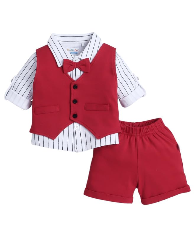 Image of BUMZEE Boys Regular Fit Full Sleeves Collar Neck Cotton Shirt Waistcoat & Short Set With Applique Bow