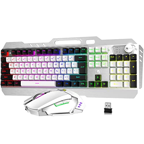 LexonElec K670 Wireless Gaming Keyboard and Mouse,16 Kinds RGB LED Backlit Rechargeable 5000mAh Battery Metal Panel,Mechanical Feel,Gaming Mute Mouse for PC Gamers(White-Black)