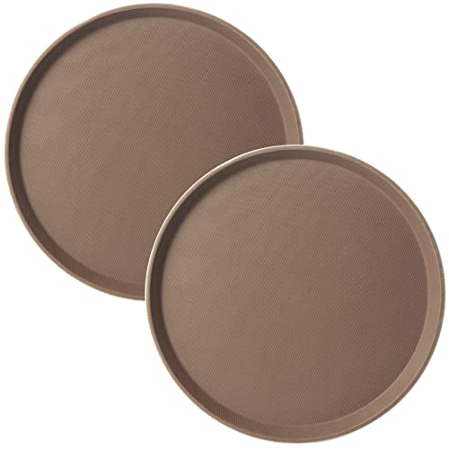 CURTA 2-Pack Restaurant Grade Non-Slip Tray, NSF, 16 Inch, Plastic Rubber Lined Anti-Skid Round Serving Tray, Brown