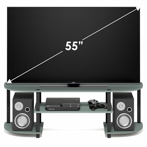 Image of Furinno Turn-S-Tube 3-Tier TV Stand for TVs up to 55 Inch, Sage Green | Toolless Entertainment Center with Open Storage Shelves, Media Console Table with Soundbar Shelf for Living Room, Bedroom