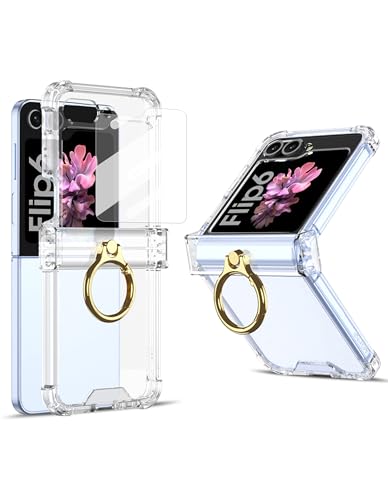 Jusy Galaxy Z Flip6 ケース カバー クリア ヒンジ保護 リング付き ハード保護カバーシリコン 純正 ストラップホール付き ギャラクシー Z Flip6 / SC-54D / SCG23 一体型ガラスフィルム 透明 耐衝撃 軽量 落下保護 おしゃれ ワイヤレス充電対応 (クリア)