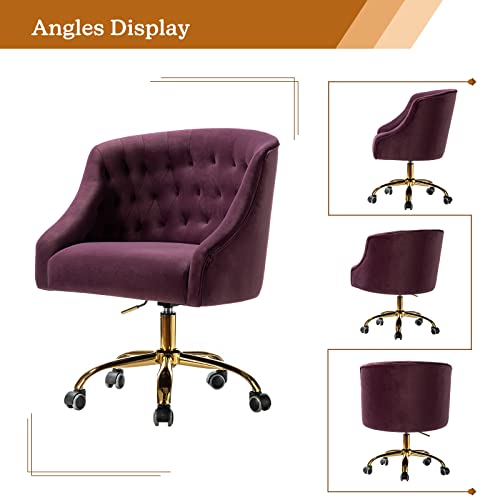 Velvet Home Office Chair With Gold Base, Comfortable Modern Cute Desk Chair, Adjustable Swivel Task Chair For Living Room Bedroom Vanity Study, Purple #TOP5