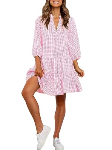 Robe chemise en flanelle d'été pour femmes, robe d'été décontractée avec ourlet à volants, manches 3/4, boutonnée, fluide, A-ligne midi/mini, longueur...