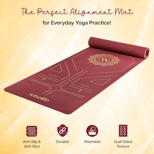 Image of Wiselife Tru Body Alignment Yoga Mat + Sleek Yoga Strap For Men And Women | Non-Slip Textured Extra Wide & Thick | Pro Balance Tpe Exercise Mat For Home, Pilates, Gym & Fitness (6Mm, Wine)