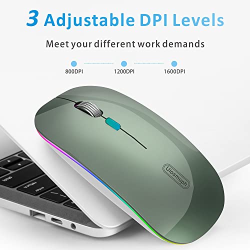 Image of Uiosmuph LED Wireless Mouse G12 Slim Rechargeable Silent Mouse, 2.4G Portable USB Optical Computer Mice With USB Receiver and Type C Adapter (Blacklish Green)
