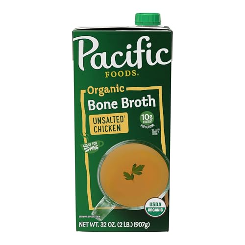 Pacific Foods Organic Unsalted Chicken Bone Broth, 32 oz Carton (Pack of 12)