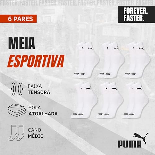 PUMA Kit 6 Pares de Meia Puma Cano Médio Sola Atoalhada com Faixa Tensora Esportiva Unissex Adulto,