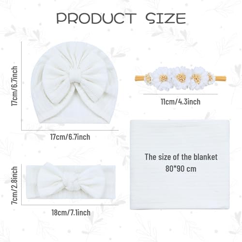 Image of Cinaci 4pcs White Soft Nursery Newborn Baby Receiving Swaddle Blanket with Matching Turban Hat Bow Headbands Floral Nylon Headbands for Baby Girls Newborn Infants