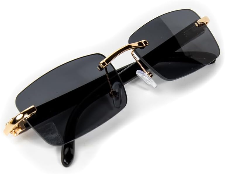 Mens Gold Frame Black Tint Rimless Square Trendy Cool Woodgrain Vintage 90's Old School Dark Tint Shades Retro Rectangular Men Hip Hop Sunglasses - Image 7