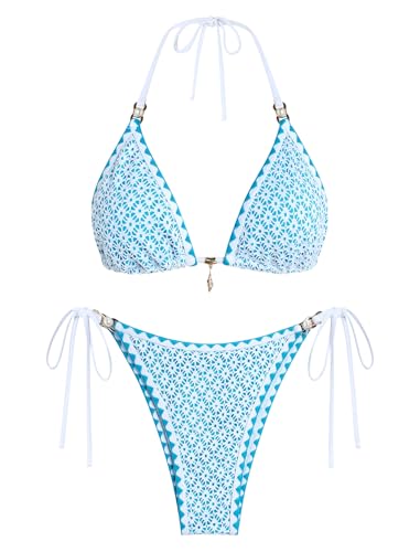 Image of ZAFUL 2 Piece Halter Bikini Sets Hollow Out Triangle Bikini for Women Sexy Bathing Suit High Waisted Side Tie Swimsuits