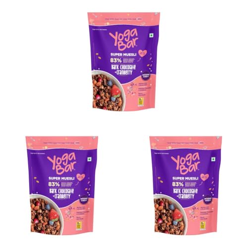 Image of Yogabar Wholegrain Breakfast Muesli - Dark Chocolate + Cranberry,400g| Healthy Breakfast Cereals | Granola | Gluten Free | Antioxidant Rich | Healthy Food for Breakfast | Protein Rich (Pack of 3)